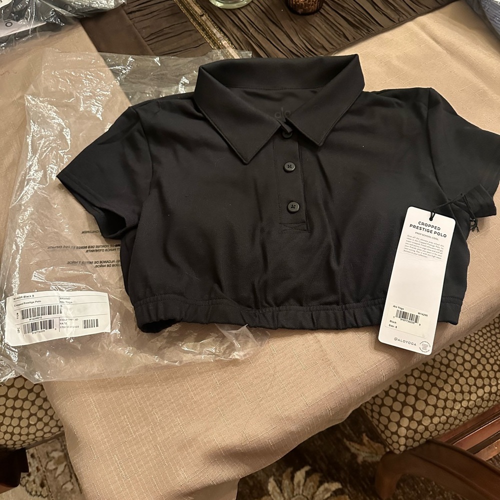ALO Yoga Black Cropped Prestige Polo Top